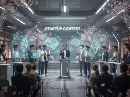 Entrepreneurs presenting AI concepts at a startup pitch contest in a modern Kyoto setting with cherry blossoms. - Foto: über boerse-global.de