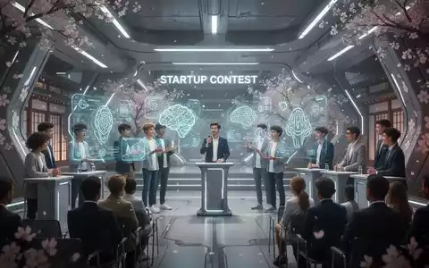 Entrepreneurs presenting AI concepts at a startup pitch contest in a modern Kyoto setting with cherry blossoms. - Foto: über boerse-global.de