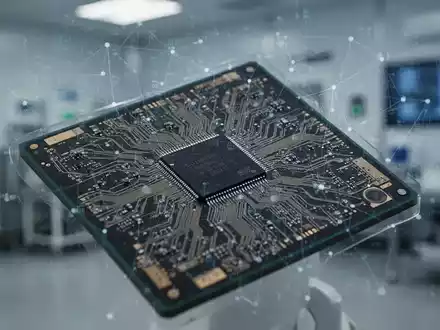 Nahaufnahme eines Mikrochips oder einer Halbleiterplatte, teilweise verdeckt von einer digitalen Überlagerung, mit einem Hightech-Reinraum im Hintergrund. - Foto: über boerse-global.de