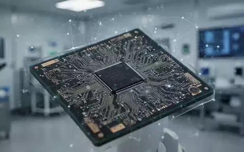 Nahaufnahme eines Mikrochips oder einer Halbleiterplatte, teilweise verdeckt von einer digitalen Überlagerung, mit einem Hightech-Reinraum im Hintergrund. - Foto: über boerse-global.de