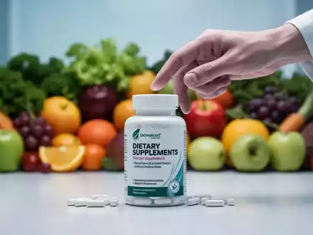 Eine Hand greift nach einer Flasche Nahrungsergänzungsmittel, im Hintergrund verschwommenes frisches Obst und Gemüse. - Foto: über boerse-global.de