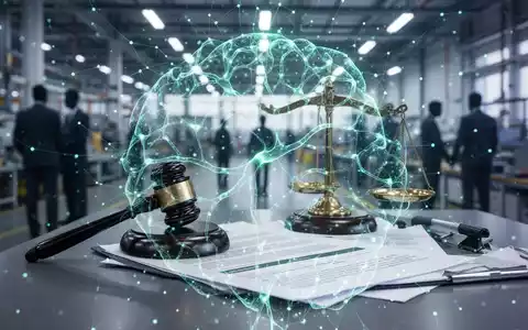 Eine stilisierte, leuchtende neuronale Netzdarstellung über einem unscharfen Fabrikboden, die KI und Arbeitnehmerrechte symbolisiert. - Foto: über boerse-global.de