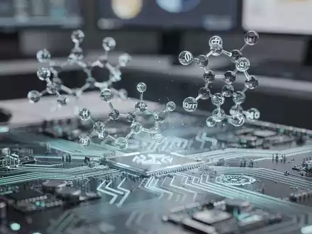 Digitales Overlay von Molekülstrukturen und chemischen Symbolen auf einer Platine, das KI und chemische Risikobewertung darstellt. - Foto: über boerse-global.de