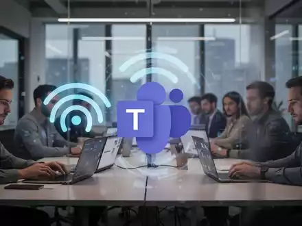 Ein stilisiertes WLAN-Signal, das mit einem Microsoft Teams-Logo verschmilzt, vor dem Hintergrund eines modernen Hybridbüros. - Foto: über boerse-global.de