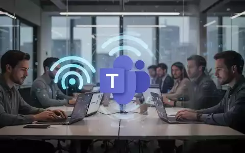 Ein stilisiertes WLAN-Signal, das mit einem Microsoft Teams-Logo verschmilzt, vor dem Hintergrund eines modernen Hybridbüros. - Foto: über boerse-global.de