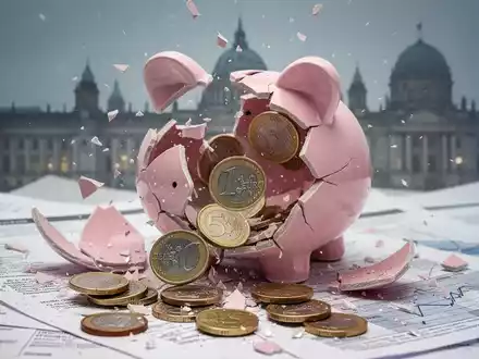 Ein zerbrochenes Sparschwein, aus dem Euro-Münzen herausfallen, vor einem unscharfen Hintergrund aus Finanzdokumenten. - Foto: über boerse-global.de