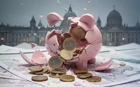 Ein zerbrochenes Sparschwein, aus dem Euro-Münzen herausfallen, vor einem unscharfen Hintergrund aus Finanzdokumenten. - Foto: über boerse-global.de