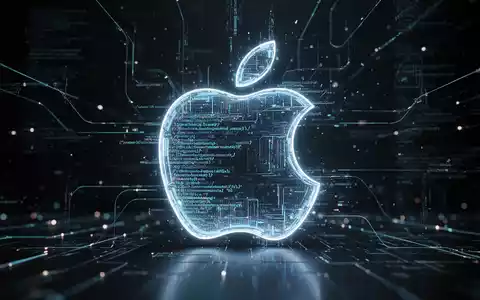 A glowing, abstract Apple logo made of digital data streams, symbolizing AI and software innovation, on a dark background. - Foto: über boerse-global.de