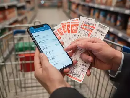 HĂ€nde halten ein Smartphone mit Preisvergleich und Rabattcoupons vor einem unscharfen Supermarkthintergrund. - Foto: ĂŒber boerse-global.de