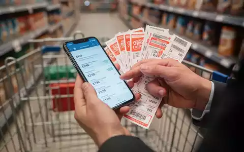 Hände halten ein Smartphone mit Preisvergleich und Rabattcoupons vor einem unscharfen Supermarkthintergrund. - Foto: über boerse-global.de