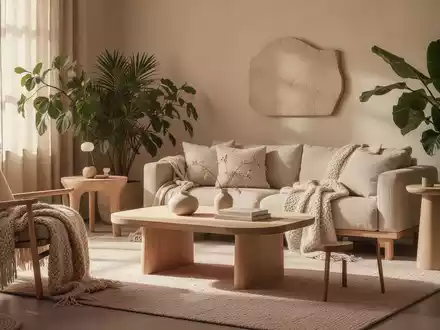 Ein warm minimalistisches Wohnzimmer mit weichen Textilien, Holzmöbeln und großen Pflanzen, das Gemütlichkeit ausstrahlt. - Foto: über boerse-global.de