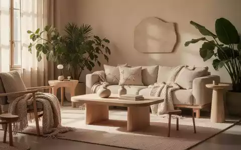 Ein warm minimalistisches Wohnzimmer mit weichen Textilien, Holzmöbeln und großen Pflanzen, das Gemütlichkeit ausstrahlt. - Foto: über boerse-global.de