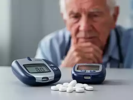 Nahaufnahme eines Blutzuckermessgeräts und Pillen, im Hintergrund eine nachdenkliche ältere Person. Symbolisiert medizinische Forschung zu Diabetes und Alzheimer. - Foto: über boerse-global.de