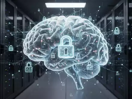 A glowing AI brain structure with digital lock icons and binary code, symbolizing cybersecurity and AI regulation in a server room. - Foto: ĂŒber boerse-global.de