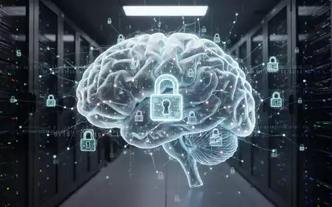 A glowing AI brain structure with digital lock icons and binary code, symbolizing cybersecurity and AI regulation in a server room. - Foto: über boerse-global.de