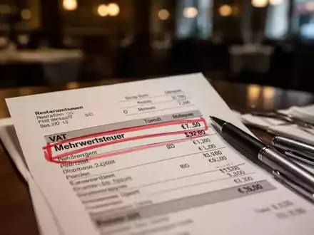 Eine Nahaufnahme einer Restaurantrechnung, auf der der Mehrwertsteuersatz hervorgehoben ist, mit einem Stift daneben. - Foto: über boerse-global.de