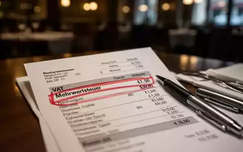 Eine Nahaufnahme einer Restaurantrechnung, auf der der Mehrwertsteuersatz hervorgehoben ist, mit einem Stift daneben. - Foto: über boerse-global.de