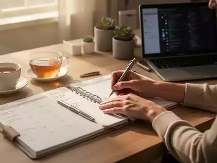 Eine ruhige, organisierte Home-Office-Szene mit einem Schreibtisch, Planer, Teetasse und Laptop bei sanftem Morgenlicht. - Foto: über boerse-global.de