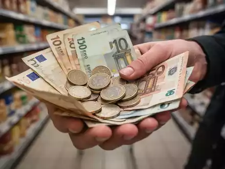 Nahaufnahme von Händen, die Euro-Münzen und -Scheine halten, mit einem verschwommenen Supermarktgang im Hintergrund. - Foto: über boerse-global.de