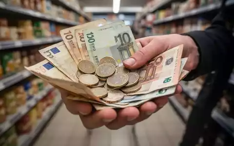 Nahaufnahme von Händen, die Euro-Münzen und -Scheine halten, mit einem verschwommenen Supermarktgang im Hintergrund. - Foto: über boerse-global.de
