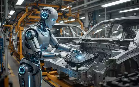 A humanoid robot on an automotive assembly line, precisely placing a part onto a car chassis in a brightly lit factory. - Foto: über boerse-global.de