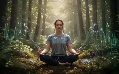 Eine Person meditiert in einem sonnendurchfluteten Wald, umgeben von grünen Bäumen, während subtile EEG-Elektroden angedeutet sind. - Foto: über boerse-global.de