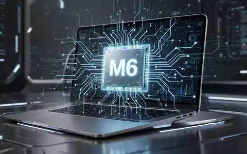 A close-up of a sleek, futuristic MacBook laptop with a glowing, intricate M6 chip schematic overlaid on its surface. - Foto: über boerse-global.de