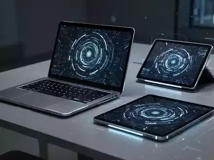 A collection of modern laptops and tablets, some open and displaying digital interfaces, on a clean, reflective surface. - Foto: über boerse-global.de