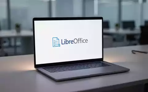 A modern laptop displaying the LibreOffice logo on its screen, open on a professional desk in a softly lit office. - Foto: über boerse-global.de