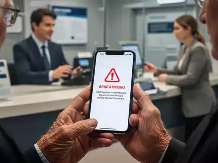 Close-up of an older person's hands holding a smartphone, with a blurred bank setting in the background. The phone shows a fraud warning. - Foto: über boerse-global.de