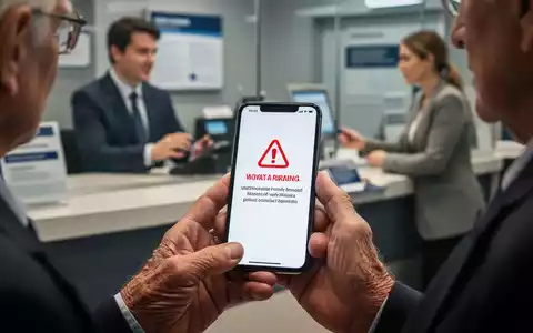 Close-up of an older person's hands holding a smartphone, with a blurred bank setting in the background. The phone shows a fraud warning. - Foto: über boerse-global.de
