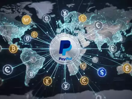 A digital stablecoin with a PayPal logo radiating lines connecting various currency symbols and a blurred world map, symbolizing global financial expansion. - Foto: über boerse-global.de