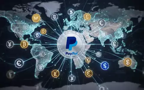 A digital stablecoin with a PayPal logo radiating lines connecting various currency symbols and a blurred world map, symbolizing global financial expansion. - Foto: über boerse-global.de