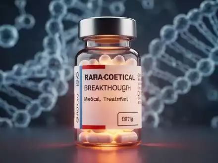 Nahaufnahme einer modernen Medikamentenflasche mit einem unscharfen Hintergrund aus wissenschaftlichen Grafiken, die DNA-Stränge darstellen. - Foto: über boerse-global.de