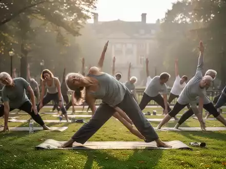 Eine vielfältige Gruppe von Menschen praktiziert Hatha Yoga auf Matten im Freien in einem ruhigen Park bei sanftem Morgenlicht. - Foto: über boerse-global.de