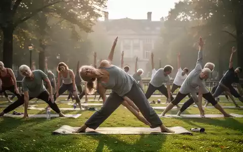 Eine vielfältige Gruppe von Menschen praktiziert Hatha Yoga auf Matten im Freien in einem ruhigen Park bei sanftem Morgenlicht. - Foto: über boerse-global.de