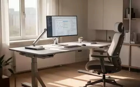 Ein modernes, ergonomisches Homeoffice mit einem faltbaren Schreibtisch, verstellbarem Monitor und Bürostuhl in einem sonnendurchfluteten Raum. - Foto: über boerse-global.de