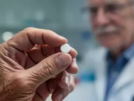 Eine Nahaufnahme der Hand einer älteren Person, die eine einzelne weiße Pille hält, mit einem unscharfen medizinischen Hintergrund. - Foto: über boerse-global.de