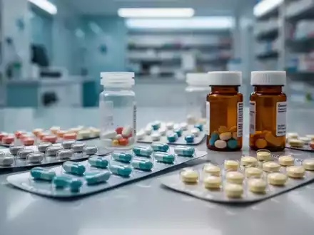 Nahaufnahme von verschiedenen pharmazeutischen Blisterpackungen und Medikamentenflaschen, einige leer oder mit wenig Inhalt. - Foto: über boerse-global.de