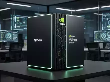 A sleek, modern NVIDIA DGX Station for Windows AI workstation with subtle glowing accents, in a high-tech office. - Foto: über boerse-global.de