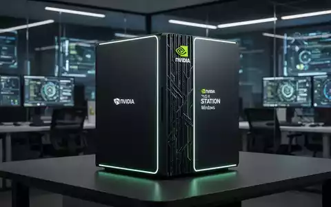 A sleek, modern NVIDIA DGX Station for Windows AI workstation with subtle glowing accents, in a high-tech office. - Foto: über boerse-global.de