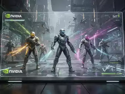 A close-up of a transparent screen displaying detailed, AI-enhanced video game graphics with dynamic lighting and character models. - Foto: über boerse-global.de