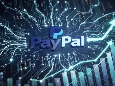 A stylized PayPal logo on a circuit board, connected to glowing AI lines and financial charts with upward trends. - Foto: über boerse-global.de