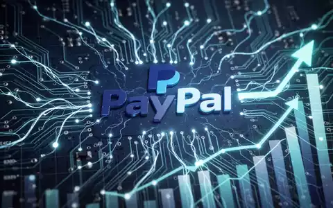 A stylized PayPal logo on a circuit board, connected to glowing AI lines and financial charts with upward trends. - Foto: über boerse-global.de