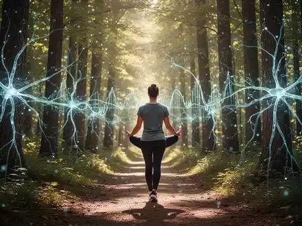 Eine Person meditiert oder geht achtsam in einem sonnendurchfluteten Wald, mit subtil überlagerten leuchtenden neuronalen Linien. - Foto: über boerse-global.de