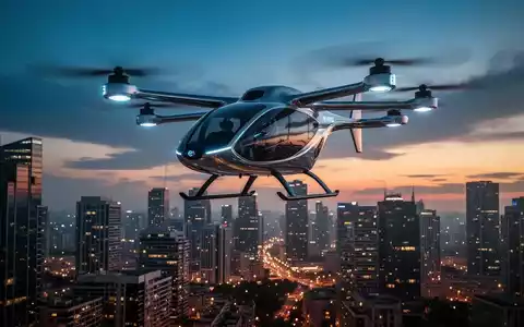 Ein futuristisches EHang eVTOL-Flugzeug schwebt über einer modernen Stadtlandschaft bei Sonnenuntergang. Lichter spiegeln sich auf der Oberfläche. - Foto: über boerse-global.de