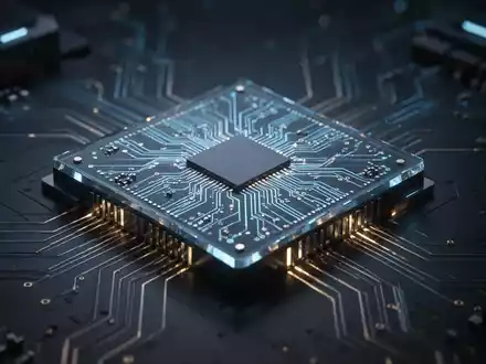Close-up of a microchip glowing with blue and gold light on a circuit board, symbolizing advanced processor technology. - Foto: über boerse-global.de