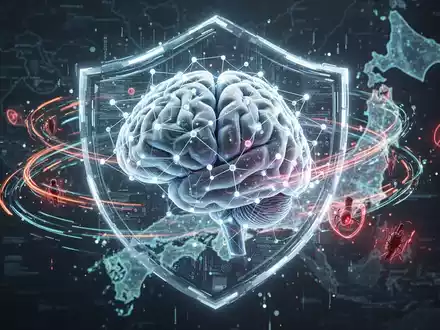 A glowing digital brain with complex connections, symbolizing AI, is surrounded by data streams, some forming a shield, others threats, over a subtle map of Japan. - Foto: über boerse-global.de