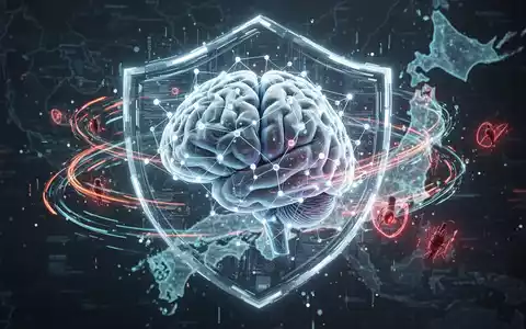 A glowing digital brain with complex connections, symbolizing AI, is surrounded by data streams, some forming a shield, others threats, over a subtle map of Japan. - Foto: über boerse-global.de