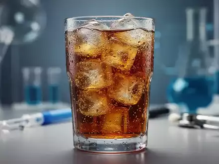 Ein Glas mit einem zuckerhaltigen Getränk und Eiswürfeln, Kondenswasser am Glas, vor einem unscharfen medizinischen Hintergrund. - Foto: über boerse-global.de